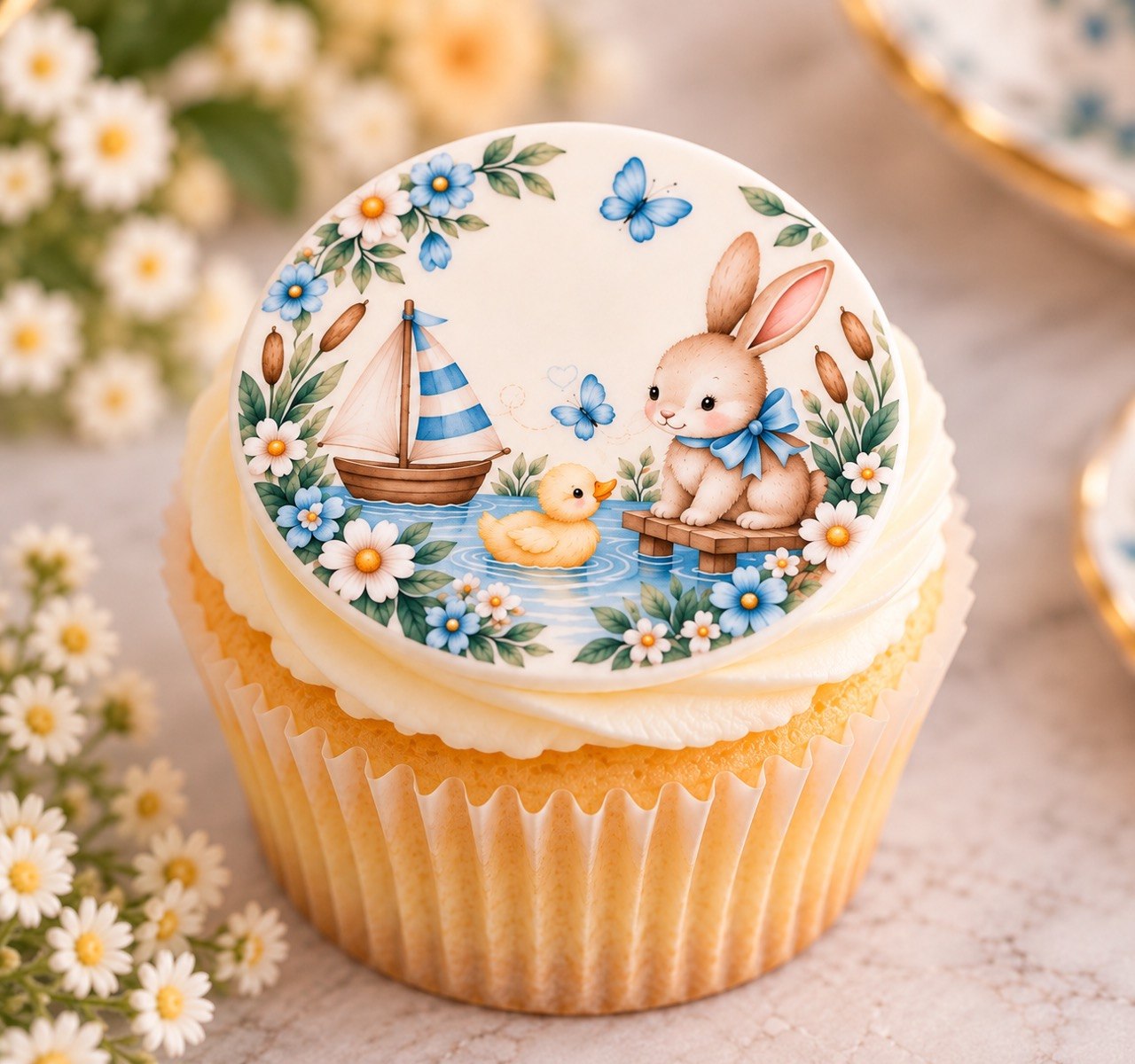Cupcake topped with the Little One — Bunny & Boat fondant circle — smooth, crisp print of a bunny, duckling and sailboat framed by blue wildflowers