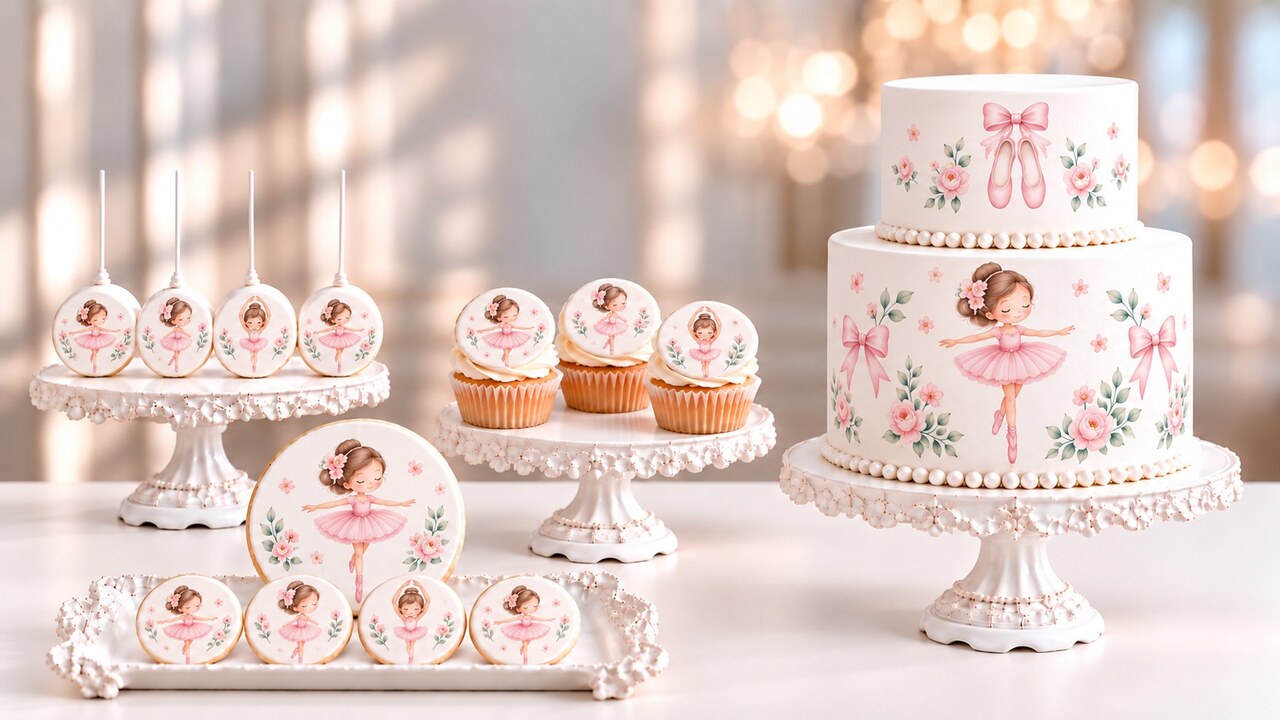 Wide cream-table scene with the Cake Fondies ballerina design — cake pops on a stand, cupcakes, a two-tier cake and a tray of printed fondant discs with a girl in a pink tutu framed by roses