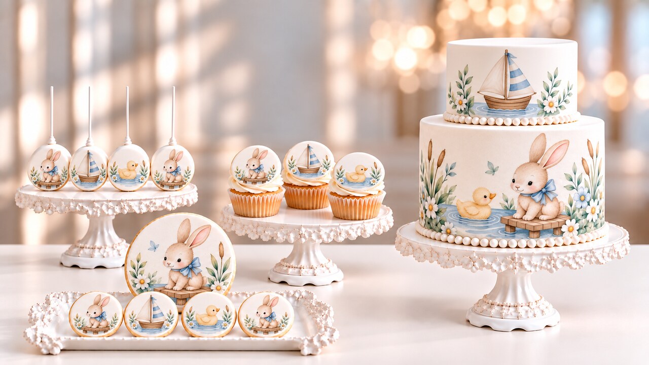 Wide cream-table scene with the Cake Fondies bunny design — cake pops on a stand, cupcakes, a two-tier cake and a tray of printed fondant discs with a bunny and a duckling beside a sailboat