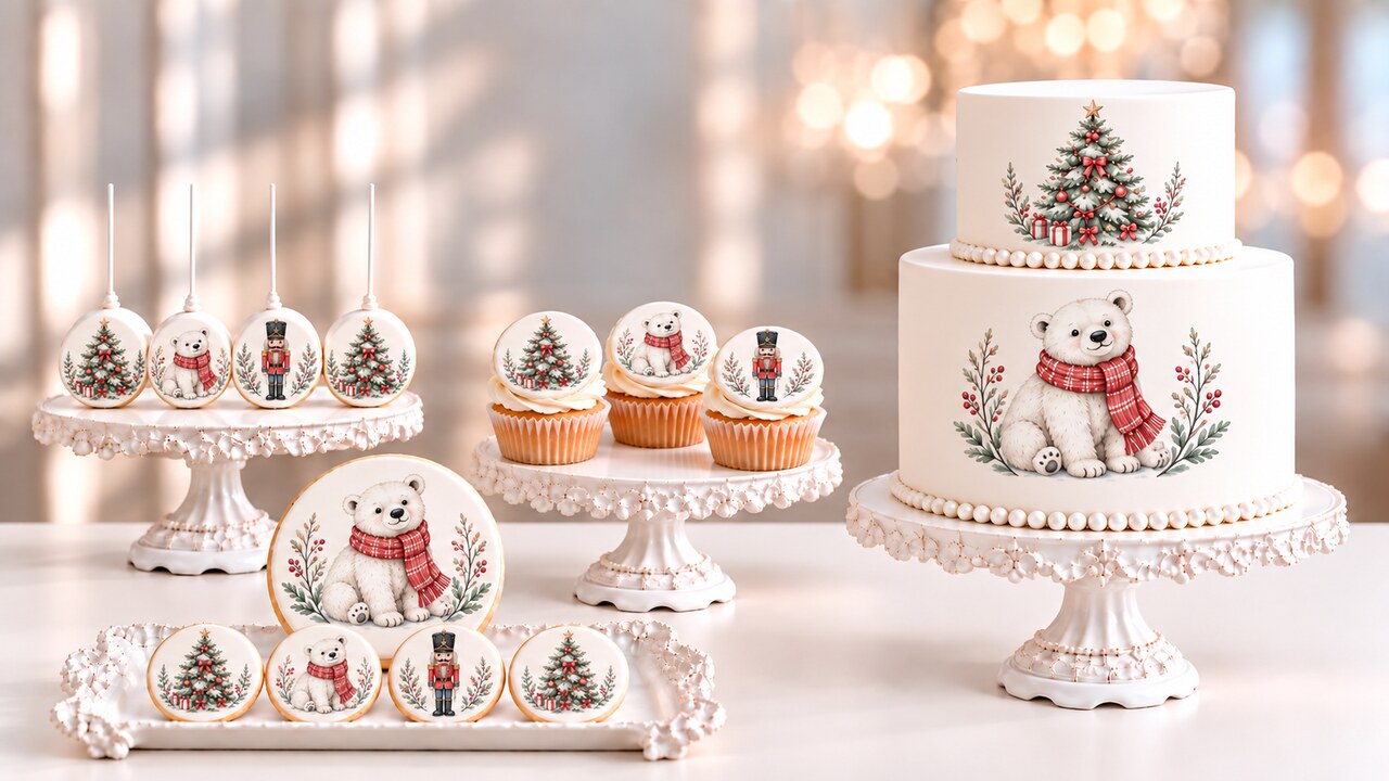 Wide cream-table scene with the Cake Fondies Christmas design — cake pops on a stand, cupcakes, a two-tier cake and a tray of printed fondant discs with a Christmas tree, a polar bear in a red plaid scarf and a nutcracker