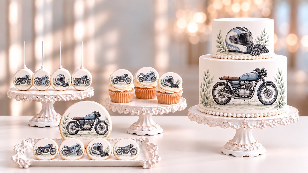 Wide cream-table scene with the Cake Fondies motorcycle design — cake pops on a stand, cupcakes, a two-tier cake and a tray of printed fondant discs with a classic and a sport motorbike, helmet and gloves