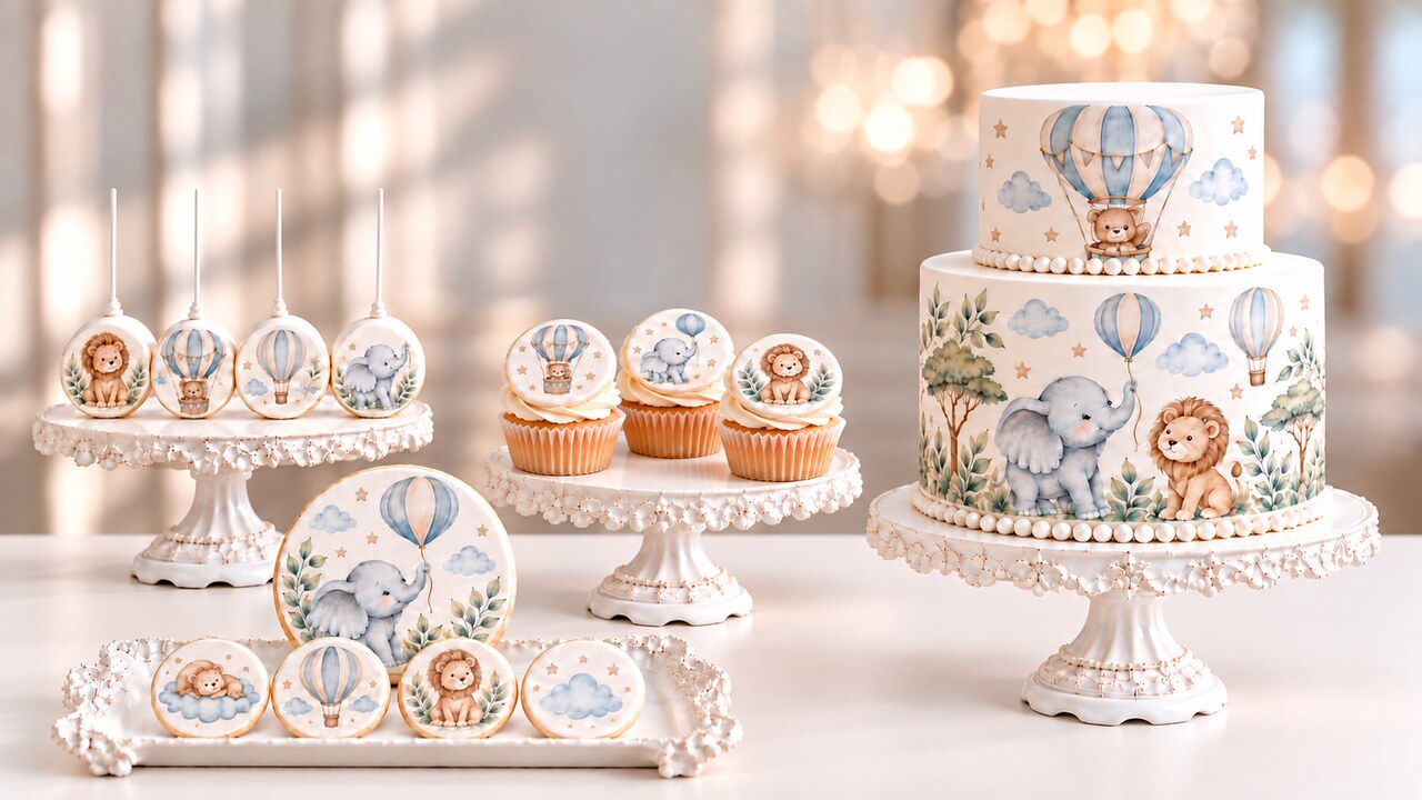 Wide cream-table scene with the Cake Fondies safari design — cake pops on a stand, cupcakes, a two-tier cake and a tray of printed fondant discs with an elephant, a lion and a teddy bear among hot-air balloons