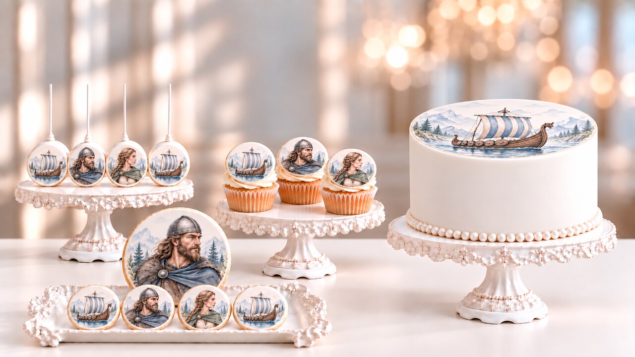 Wide cream-table scene with the Cake Fondies viking design — cake pops on a stand, cupcakes, a two-tier cake and a tray of printed fondant discs with longships, a bearded warrior and a shieldmaiden