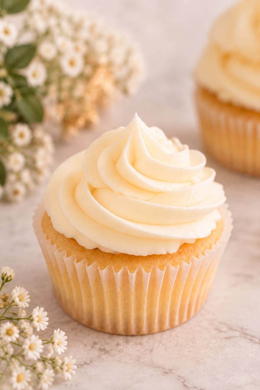 Cupcake in a paper case with a smooth swirl of pale frosting, ready for a fondant circle