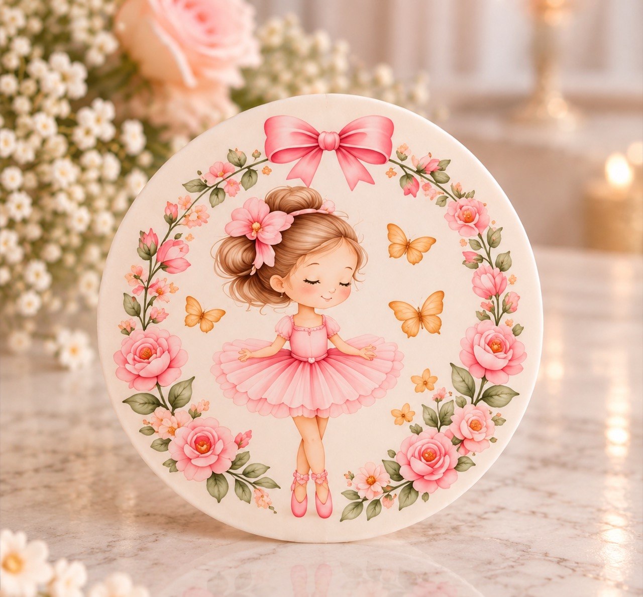 Ballerina cake circle on a marble counter — a girl in a pink tutu and bow framed by pink roses and butterflies